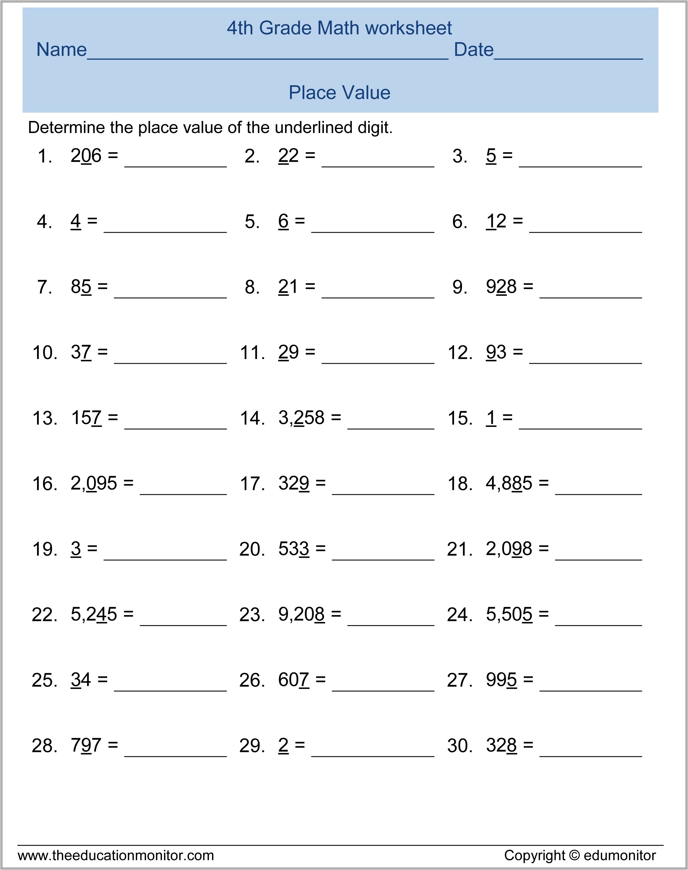 Math Worksheet 4th Grade Place Value