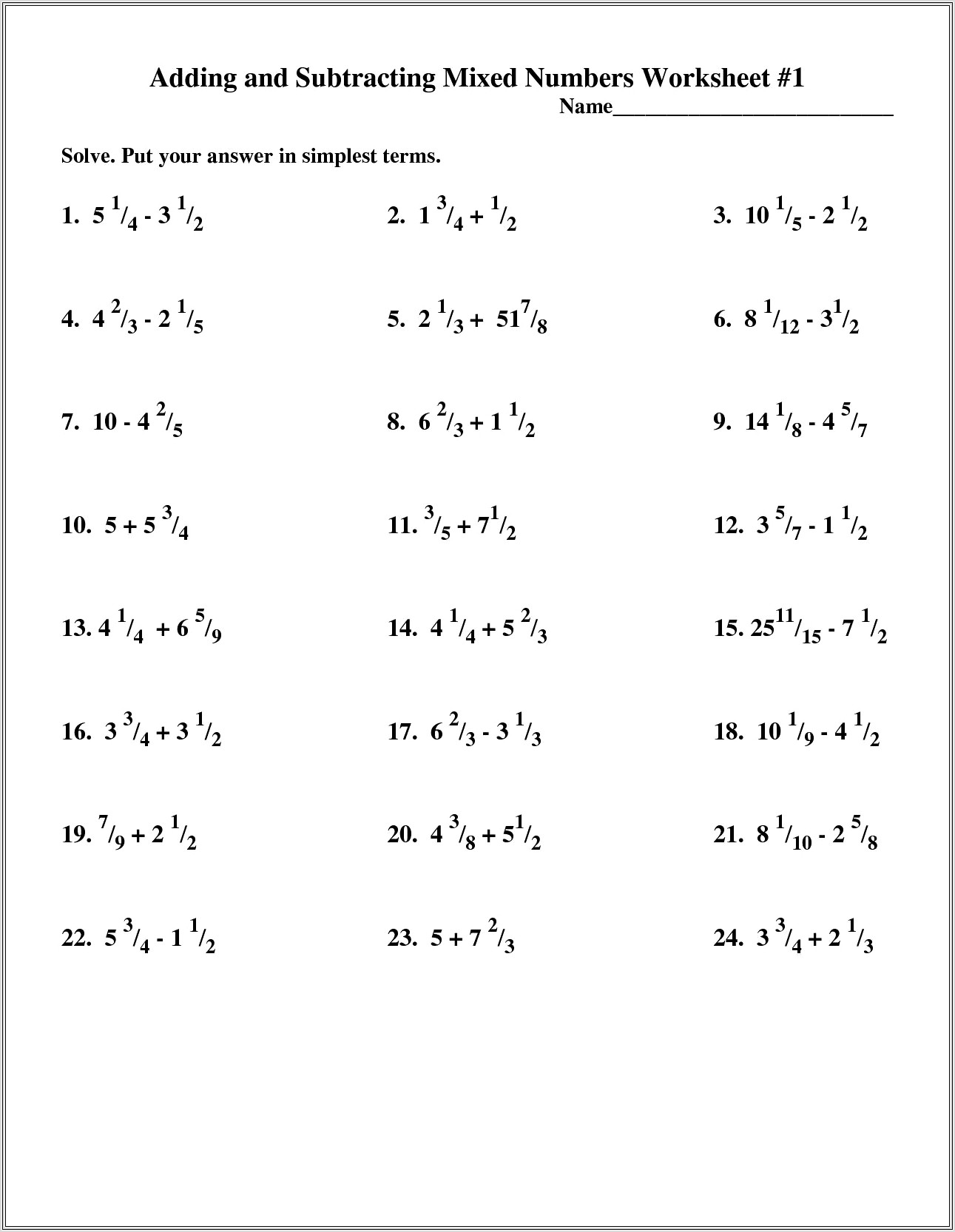 Math Worksheet Adding Mixed Numbers