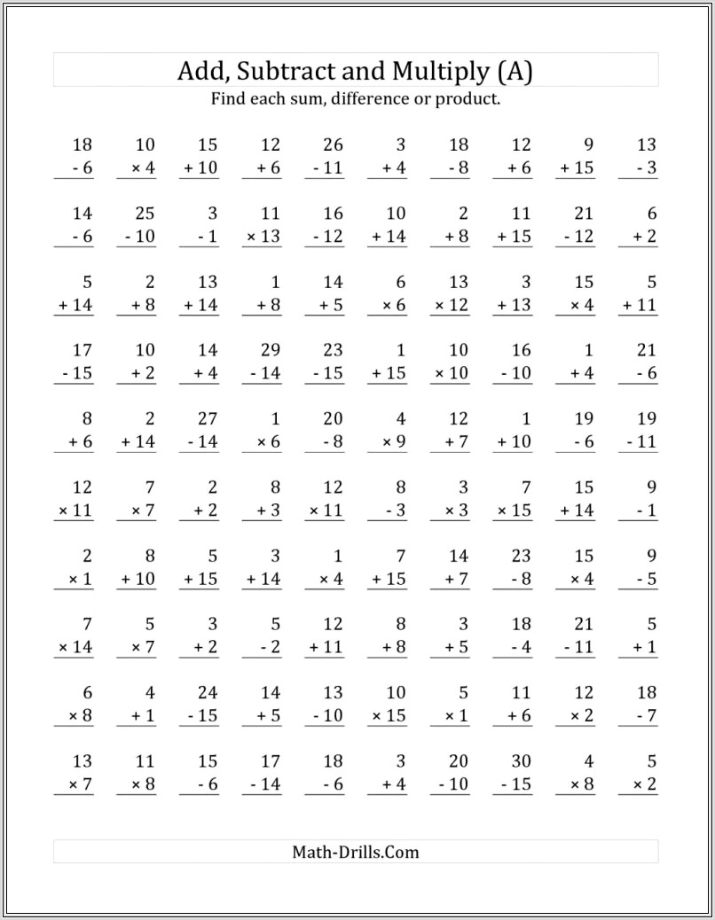 Math Worksheet Addition Subtraction Multiplication Division