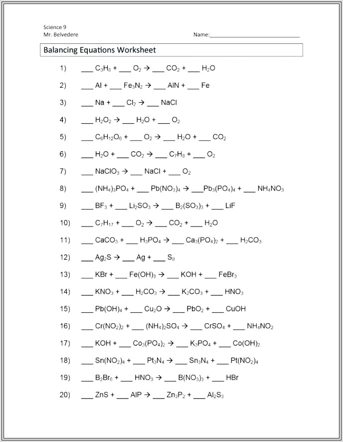 Math Worksheet Balancing Equations