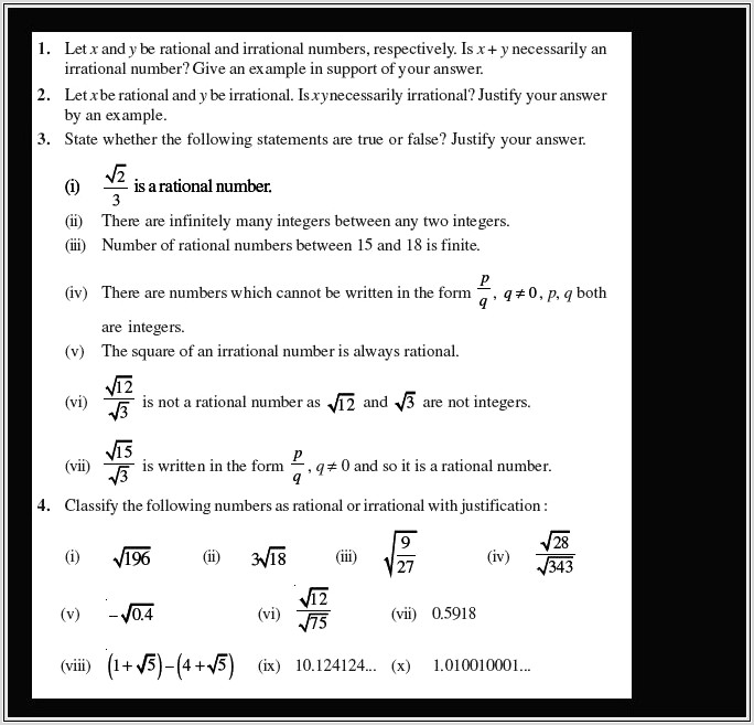 Math Worksheet Class 9