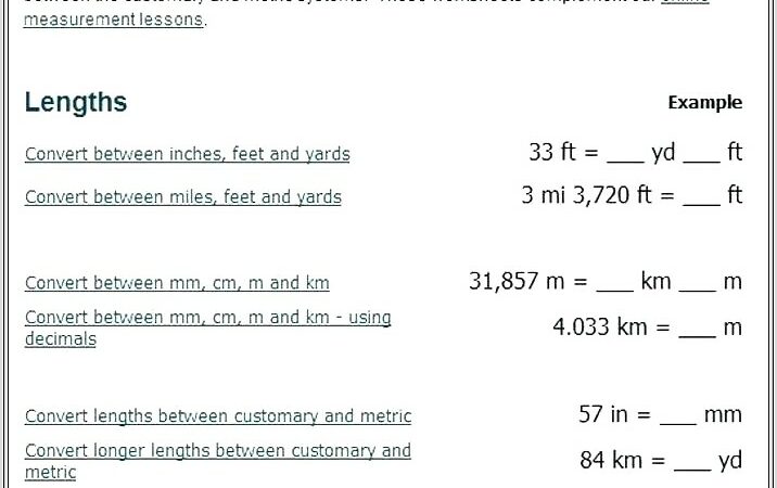 Math Worksheet Converting Units Measurement