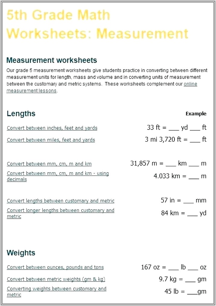 Math Worksheet Converting Units Measurement