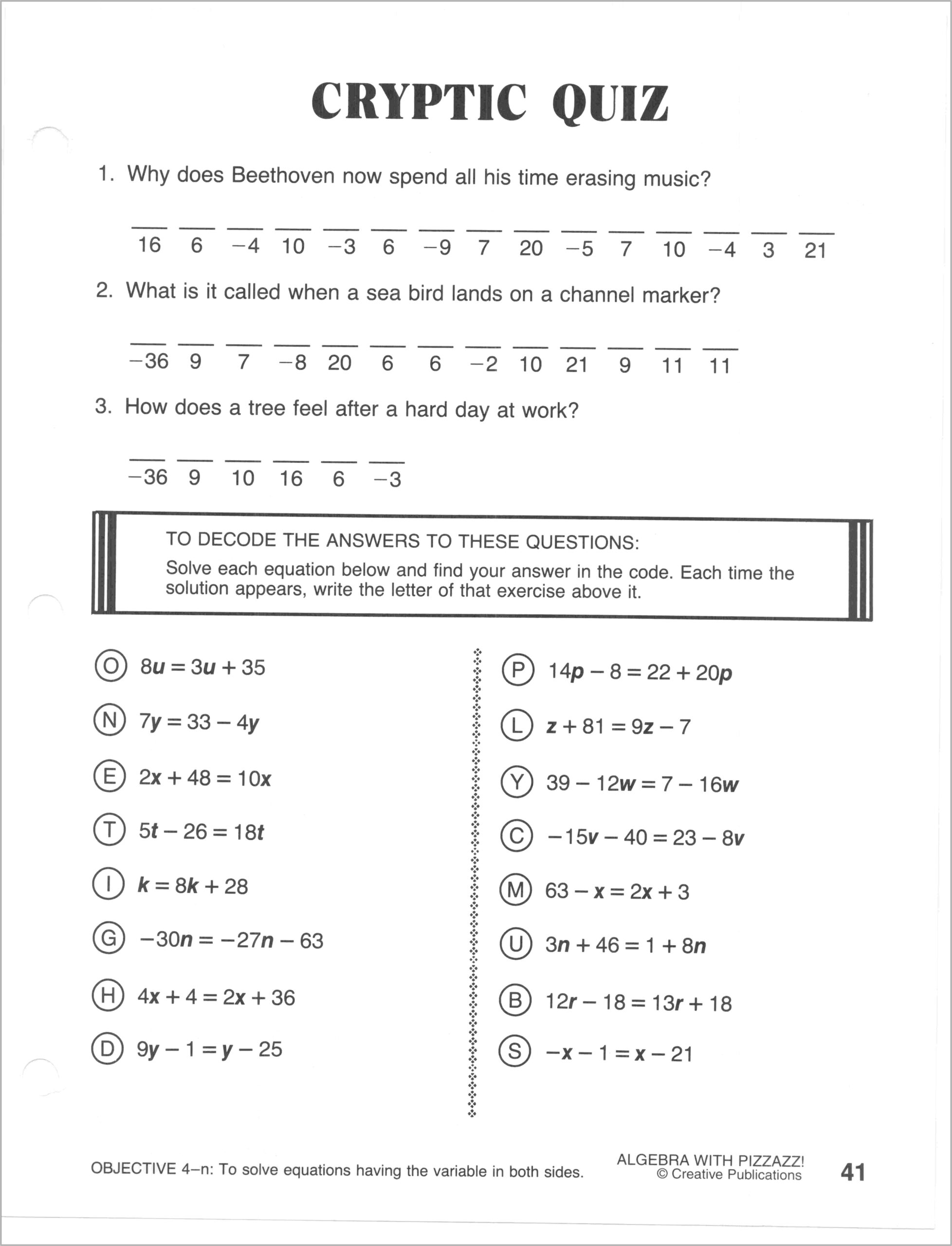 Math Worksheet Cryptic Quiz