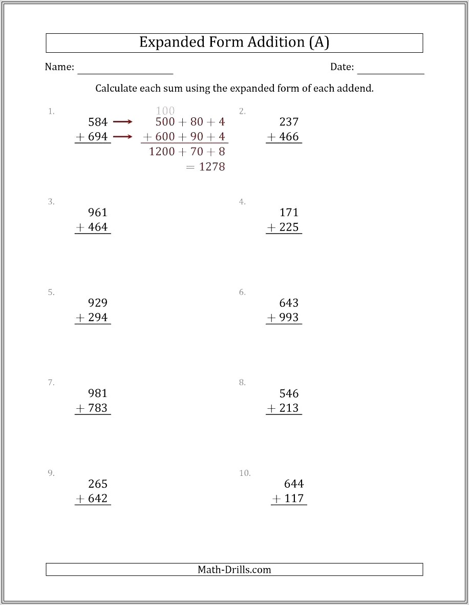 Math Worksheet Expanded Notation