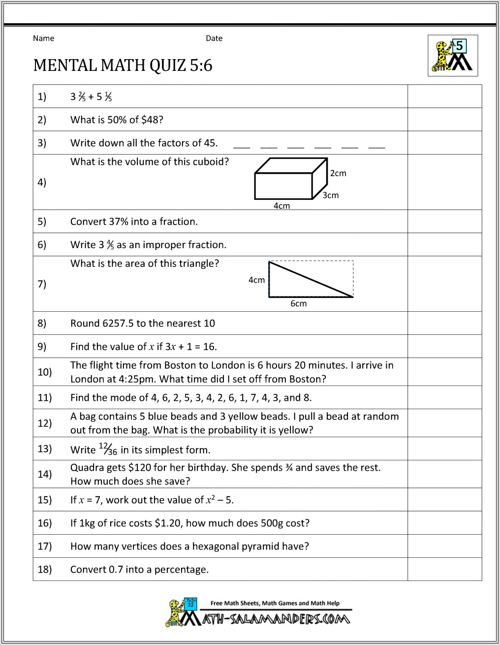 Math Worksheet For 6 Graders