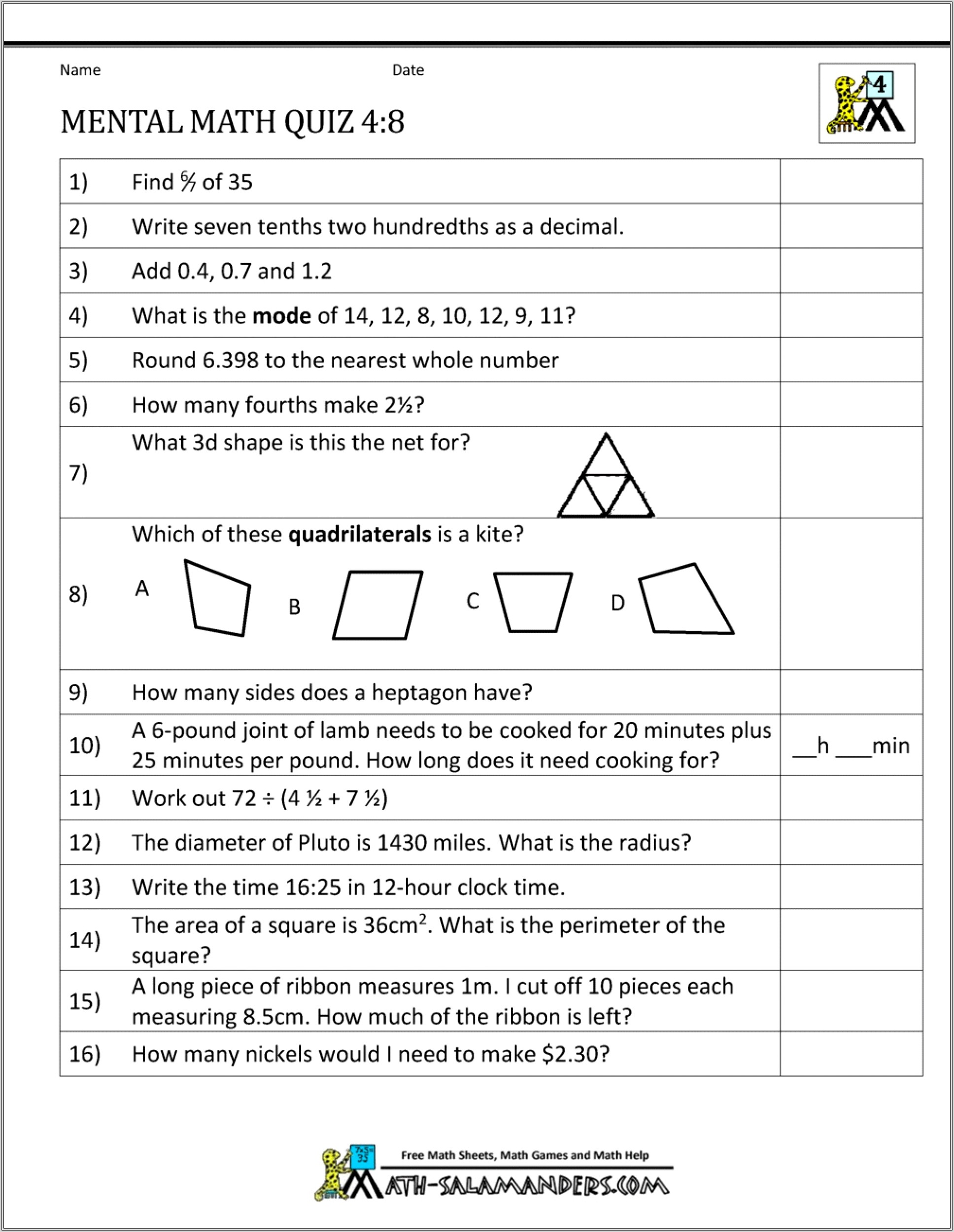 Math Worksheet Grade 4 Pdf