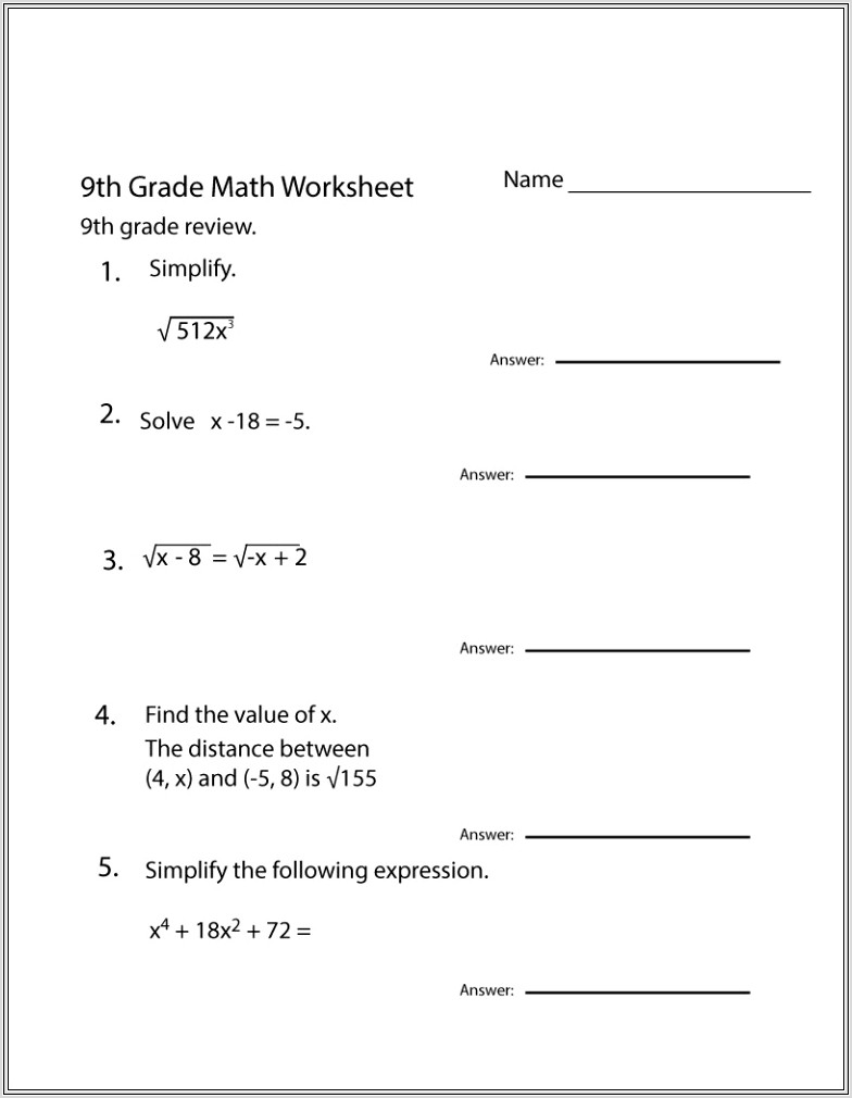 Math Worksheet Grade 9