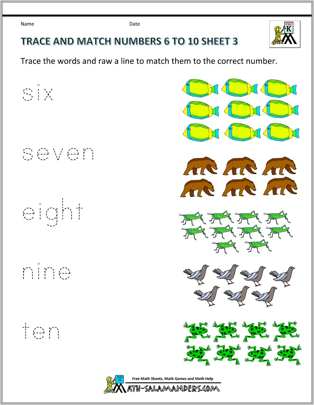 Math Worksheet Matching Numbers To Words