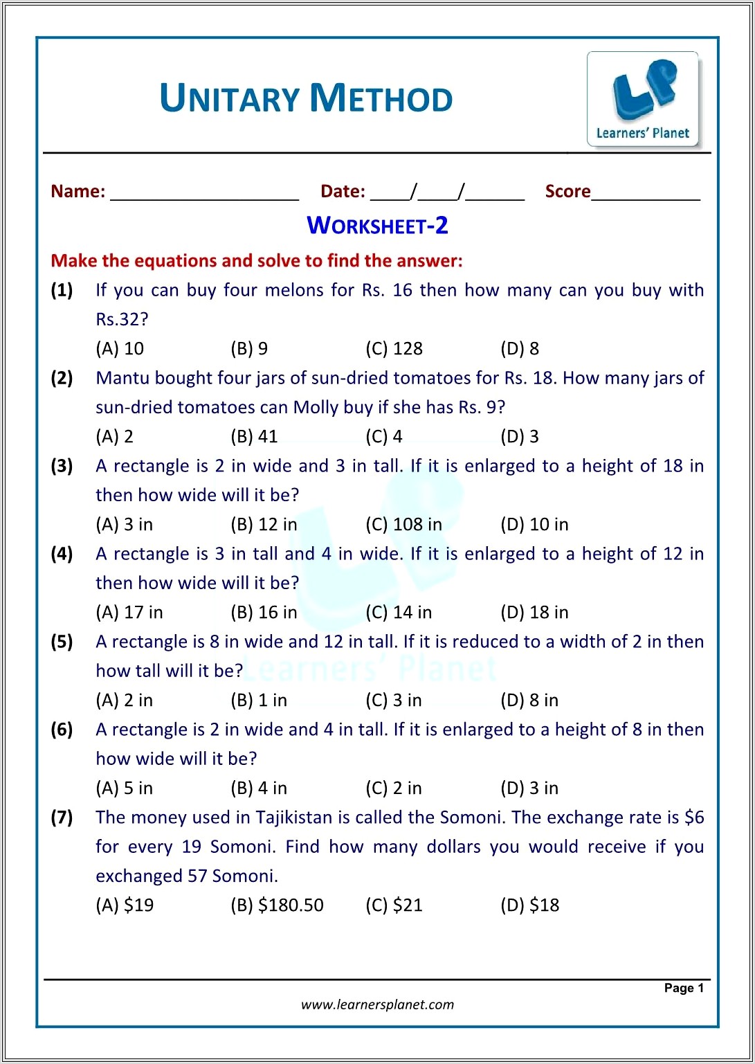 Math Worksheet On Unitary Method