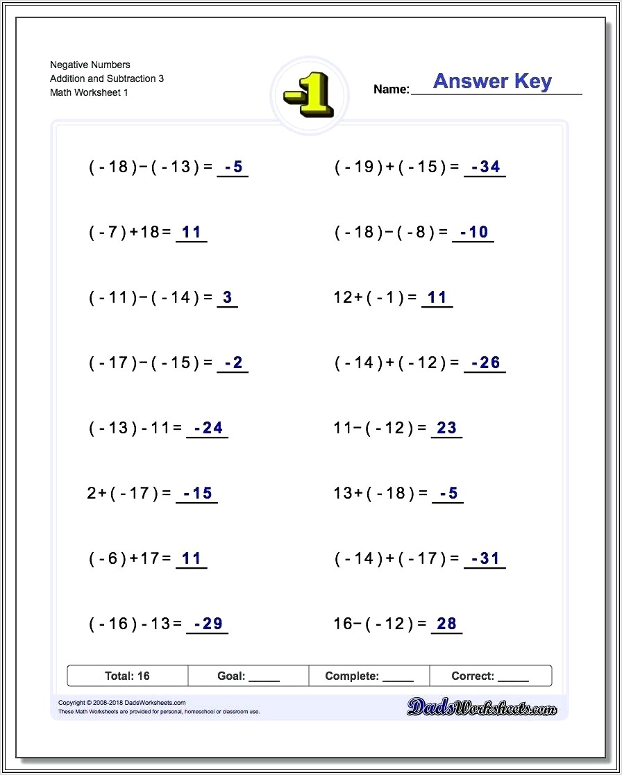 Math Worksheet Positive And Negative Numbers