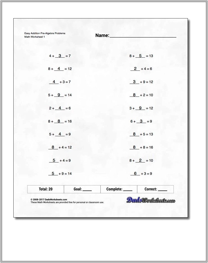 Math Worksheet Pre Algebra