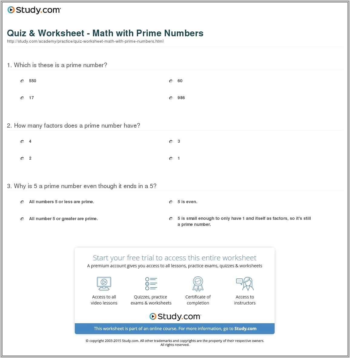 Math Worksheet Prime Numbers