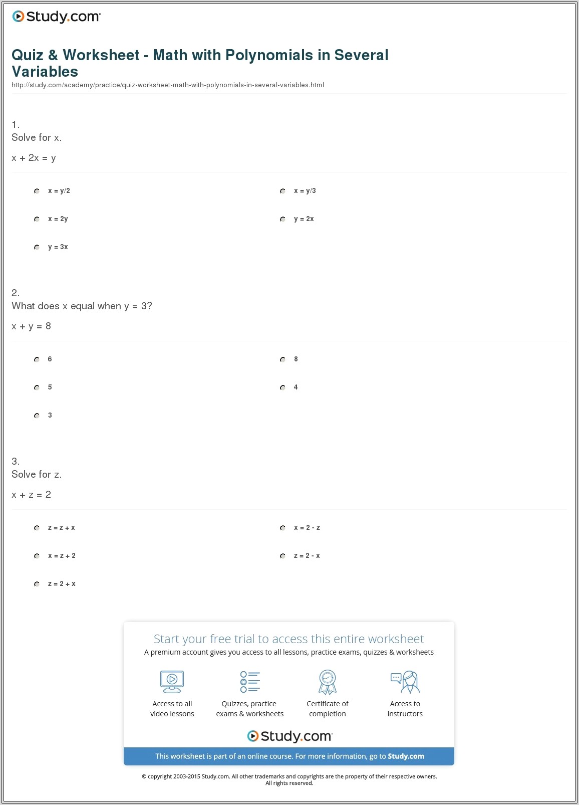 Math Worksheet With Variables