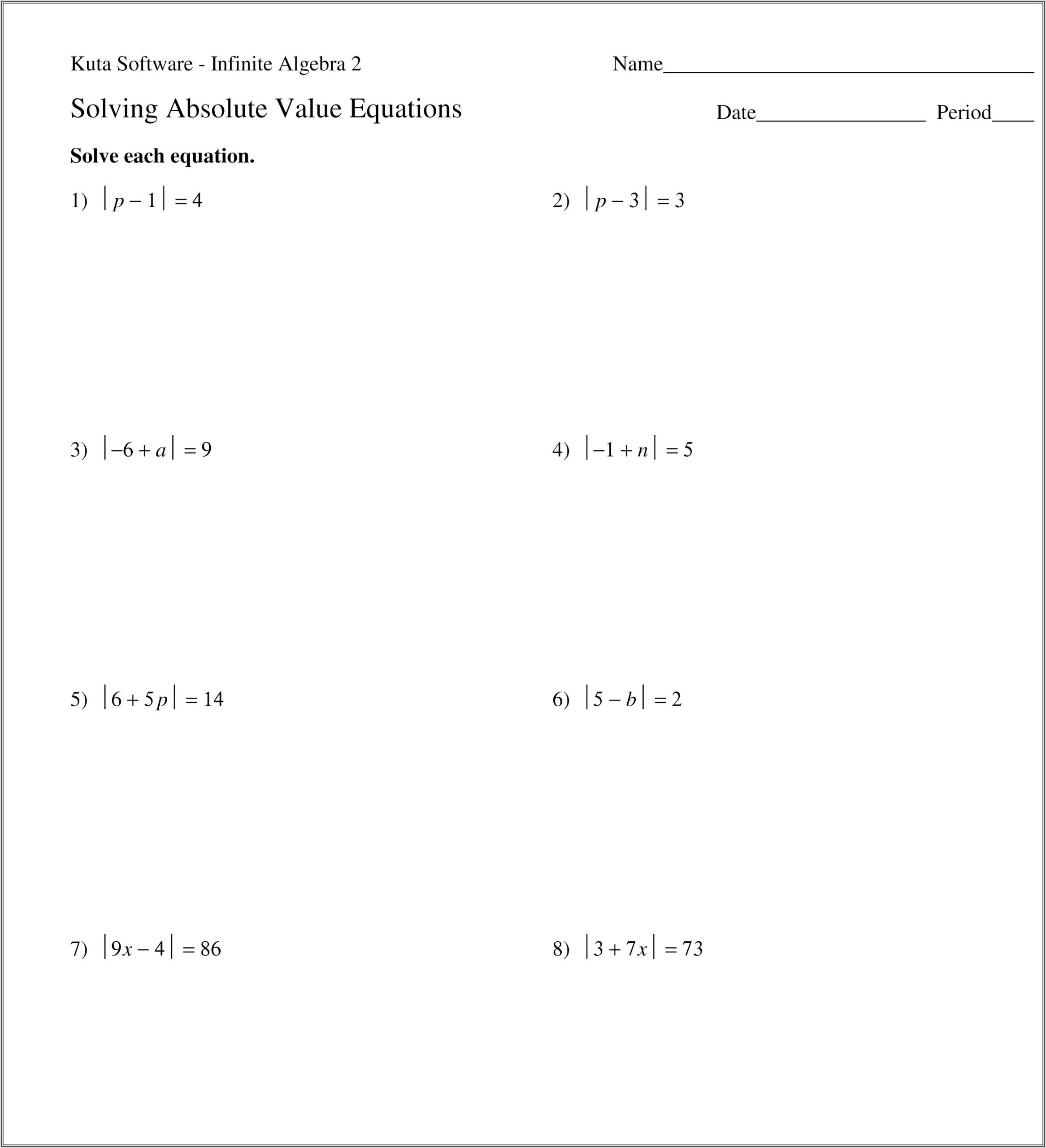 Math Worksheets Absolute Value Inequalities