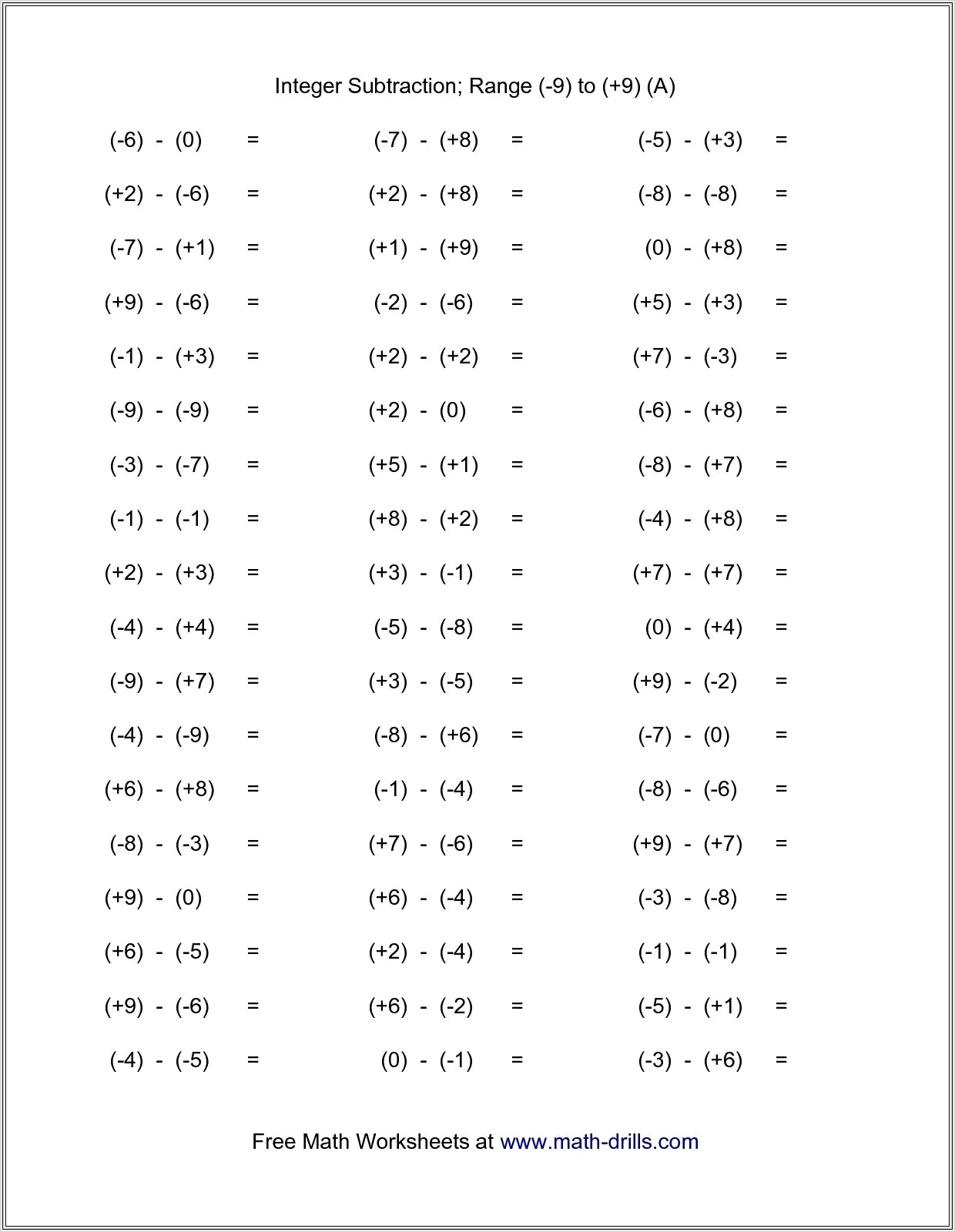 Math Worksheets Addition Subtraction Negative Numbers