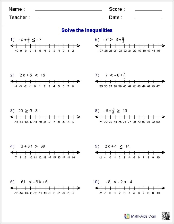 Math Worksheets Equations And Inequalities