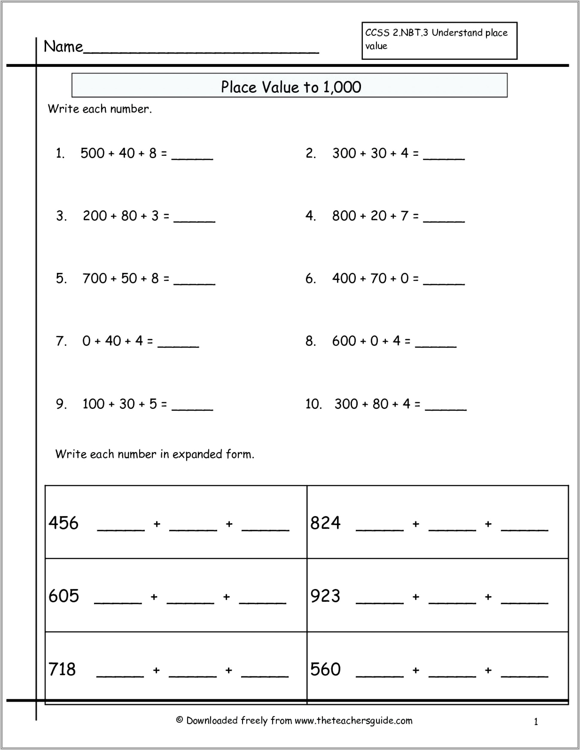 Math Worksheets Expanded Numbers