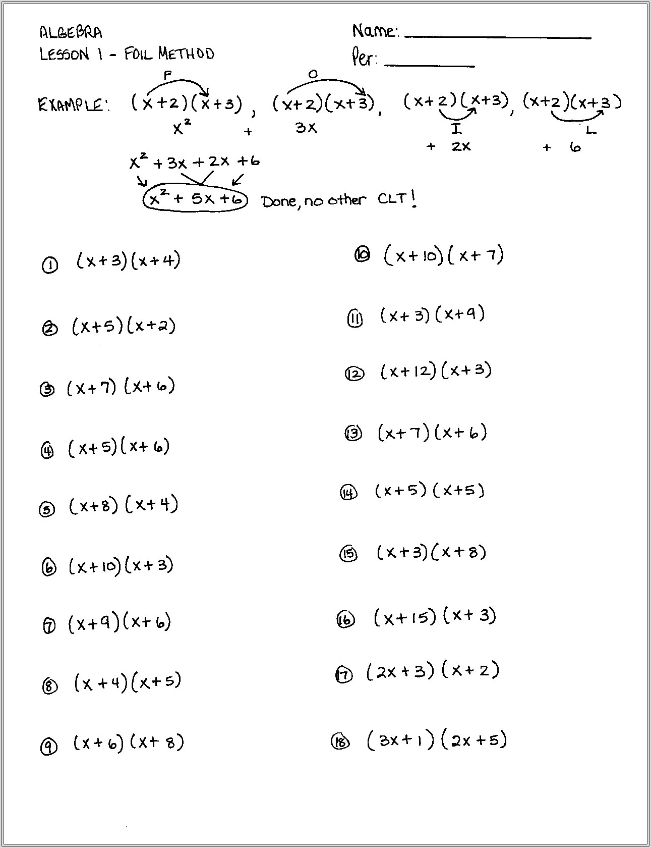 Math Worksheets Foil Method