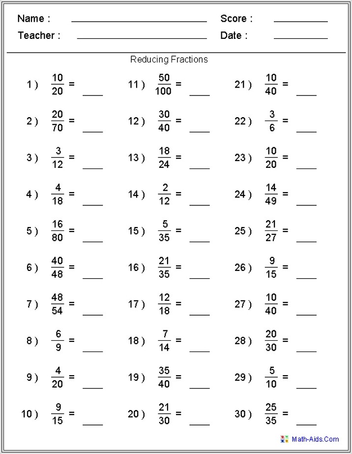 Math Worksheets For Grade 5 Fractions