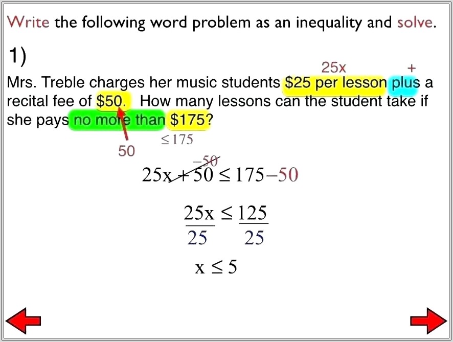 Math Worksheets Inequalities Word Problems