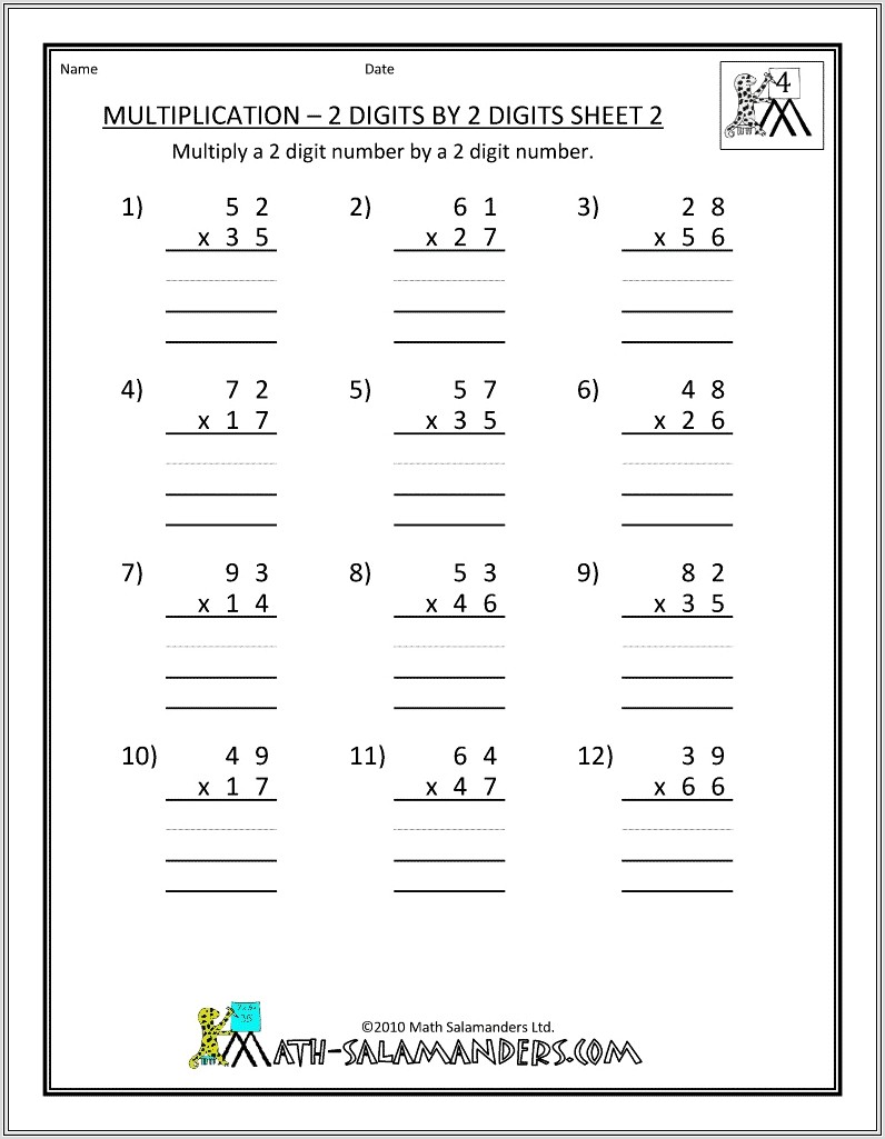 Math Worksheets Multiplication Grade 2