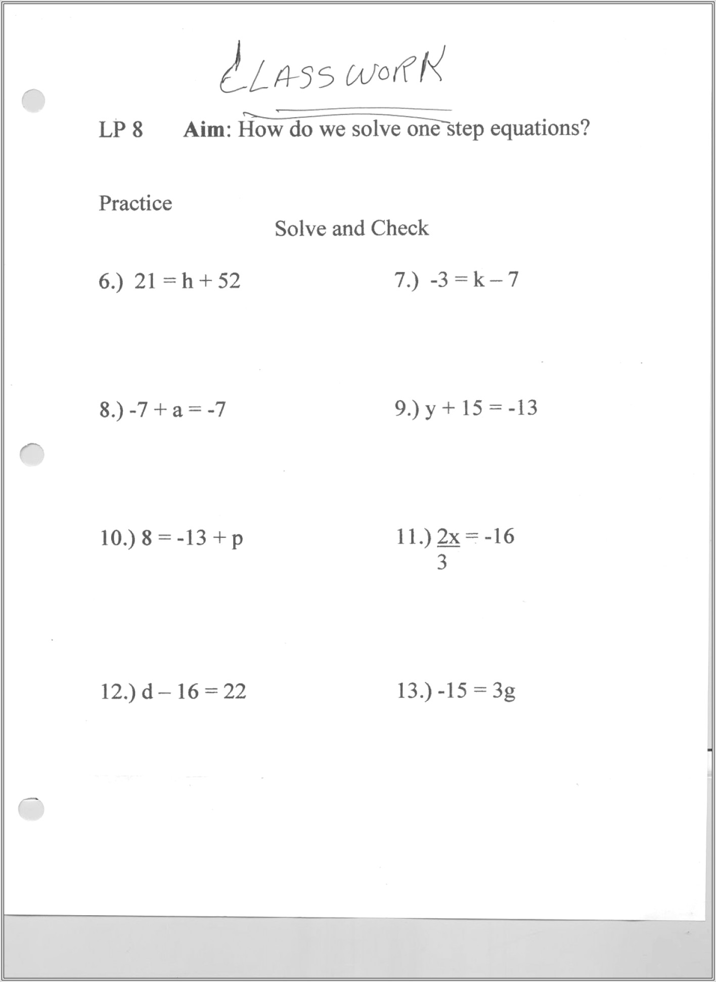 Math Worksheets On Simple Equations