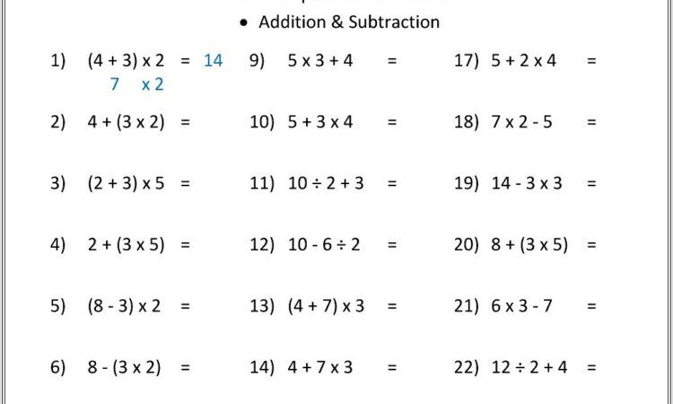 Math Worksheets Order Of Operations Printable