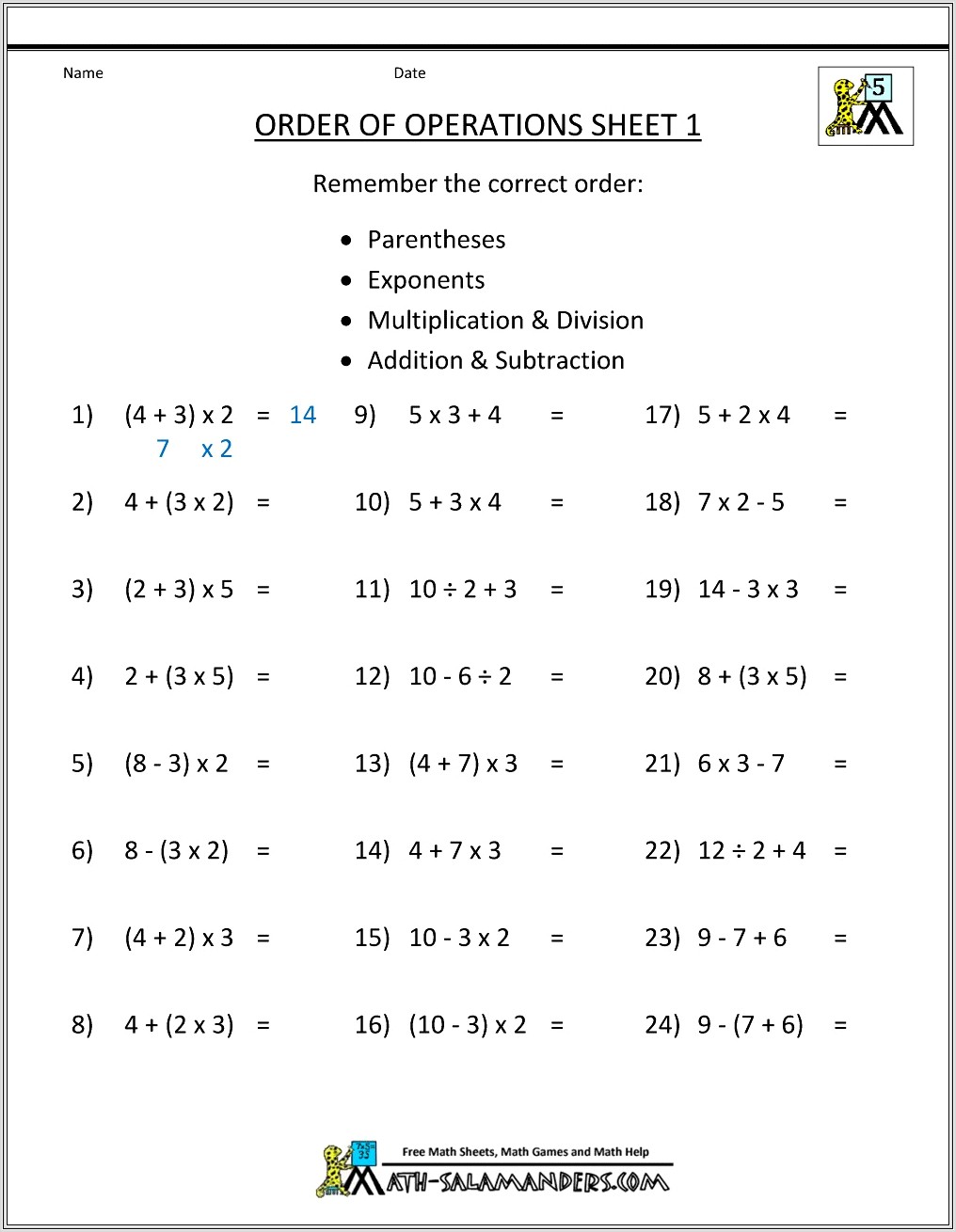 Math Worksheets Order Of Operations Printable