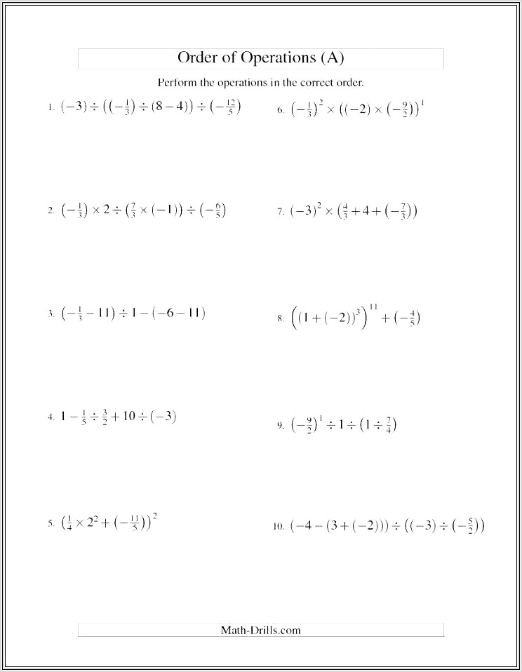 Math Worksheets Order Of Operations With Fractions