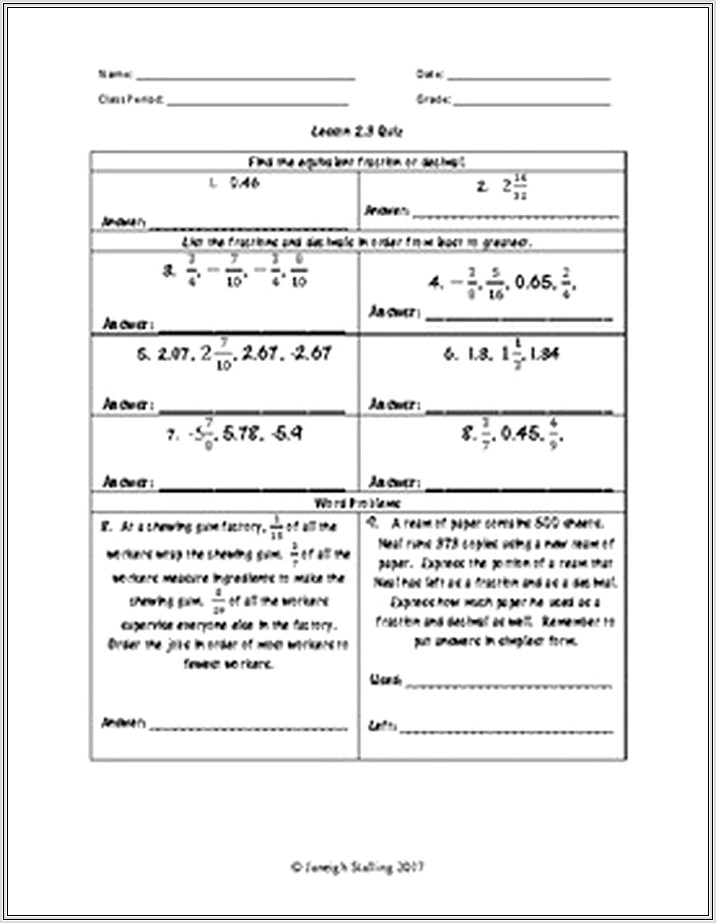 Math Worksheets Ordering Rational Numbers