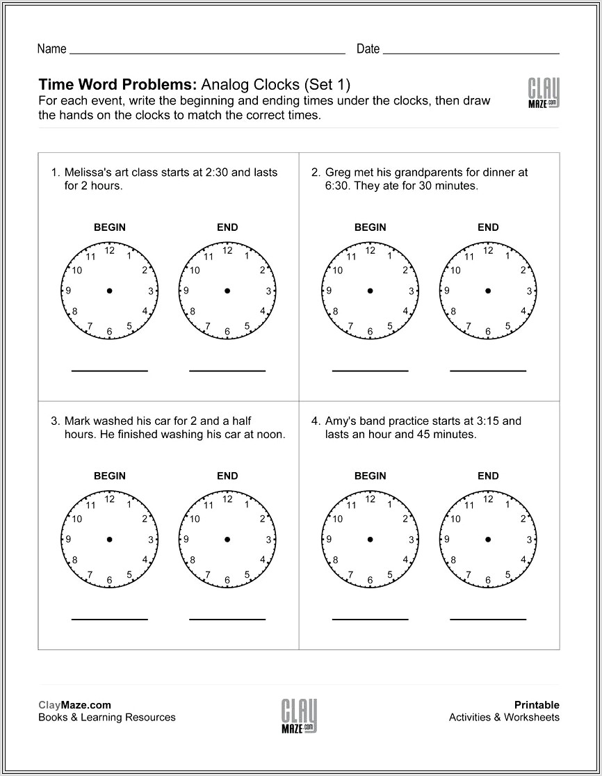 Math Worksheets Telling Time Word Problems