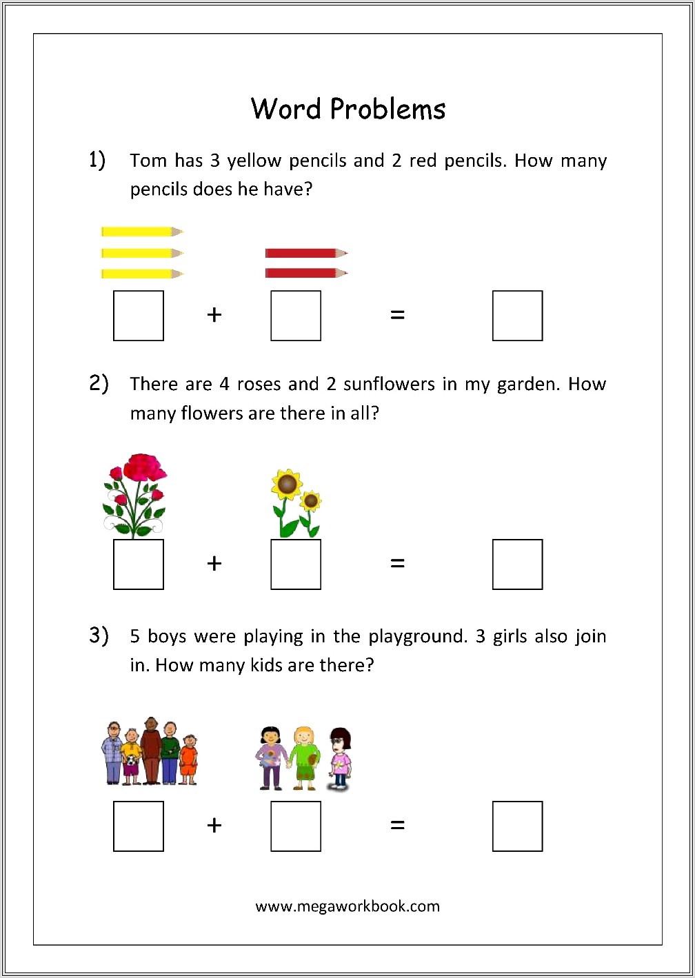 Math Worksheets Word Problems Kindergarten