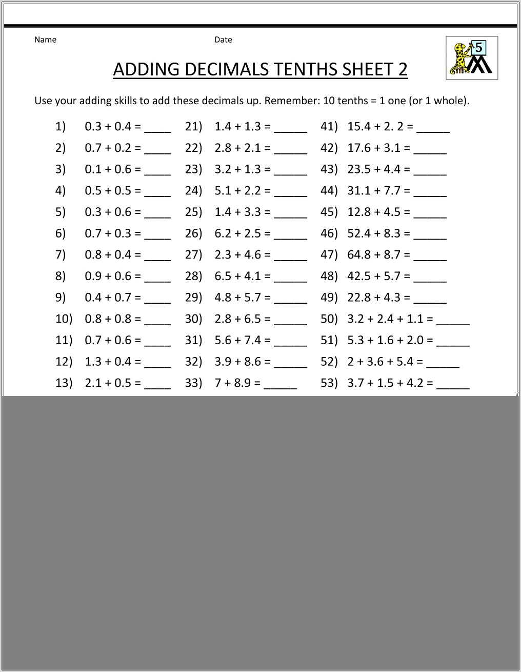 Maths Worksheets For Grade 5 On Decimals