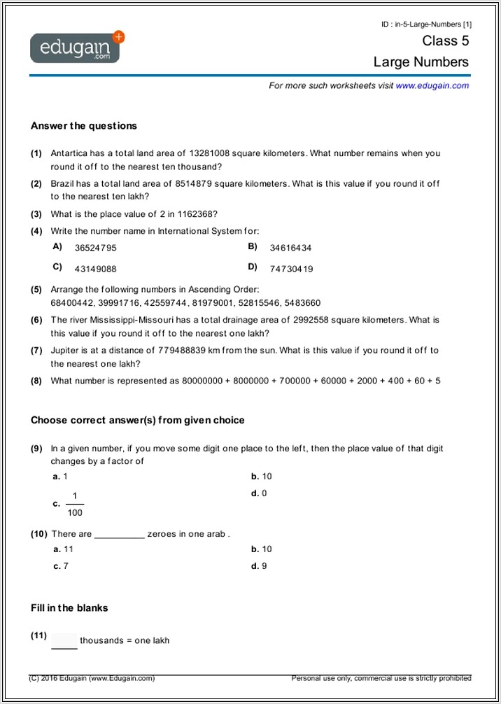 Maths Worksheets For Grade 5 With Answers