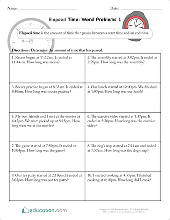Maths Worksheets Time Word Problems