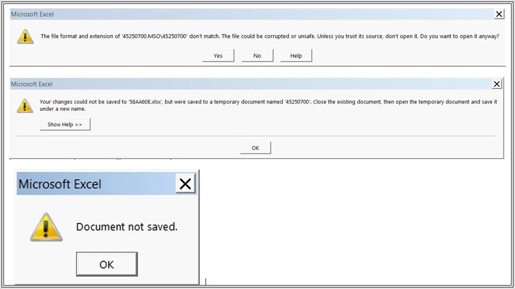 Microsoft Excel Document Not Saved Error