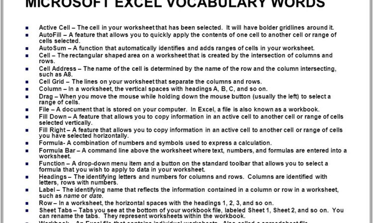 Microsoft Excel Vocabulary Worksheet