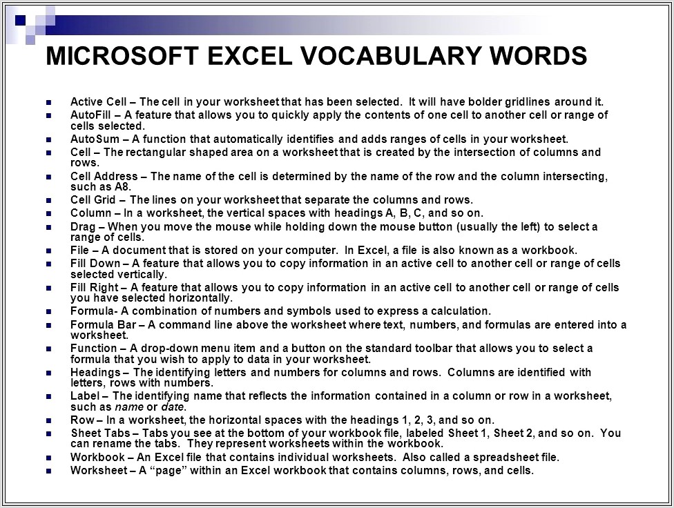 Microsoft Excel Vocabulary Worksheet