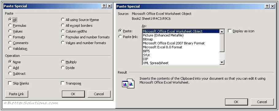 Microsoft Excel Worksheet Object Paste Special