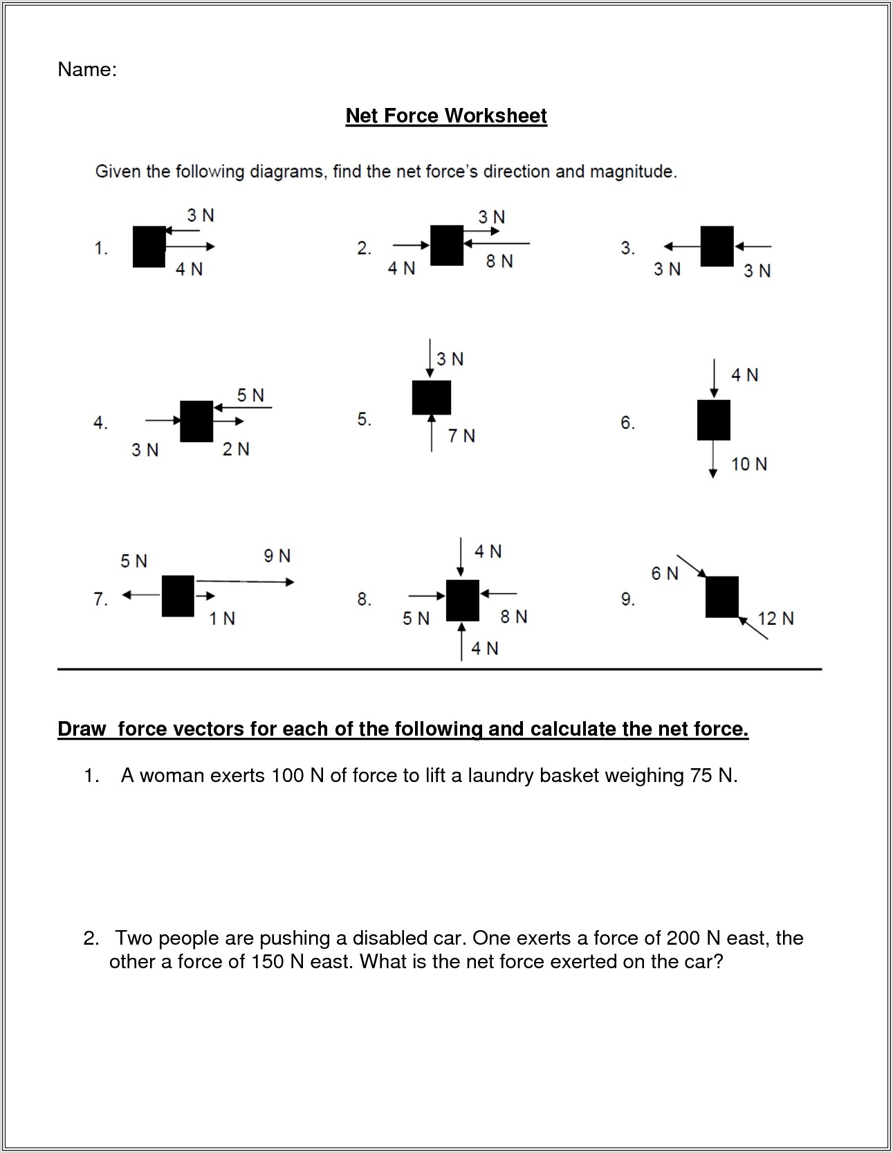 Middle School Force Worksheet