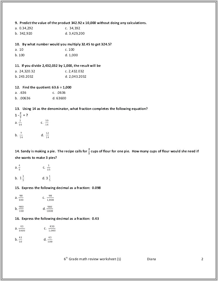 Middle School Math Printable Worksheets
