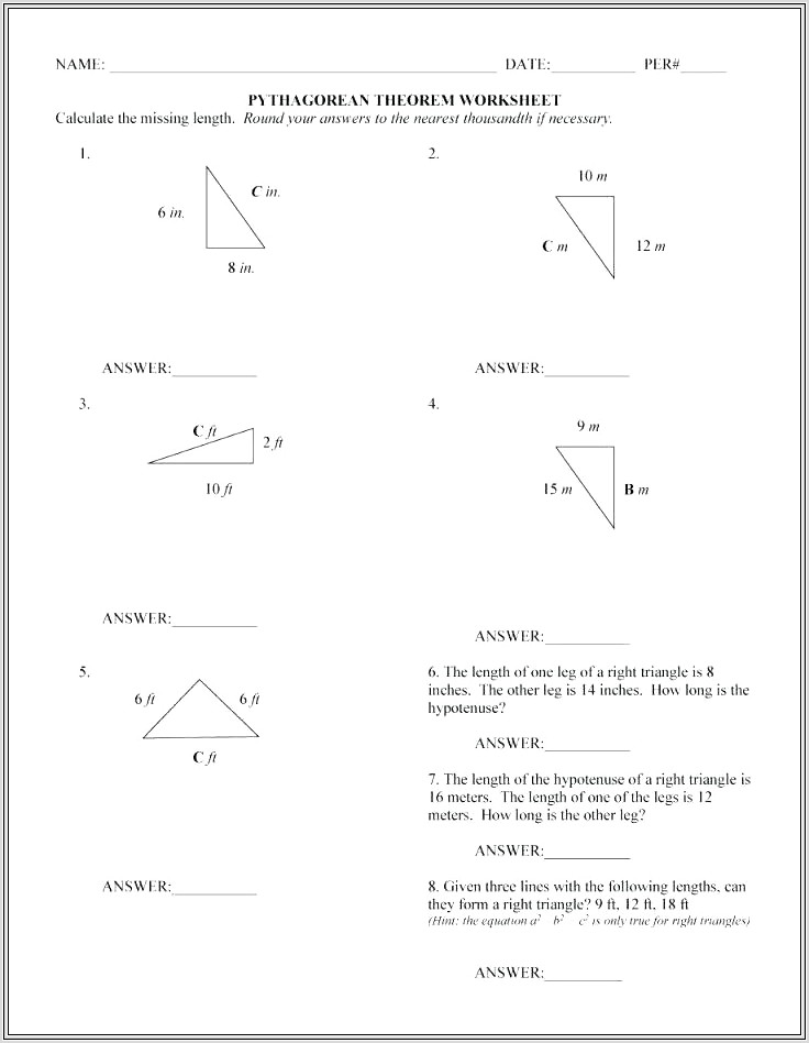 Middle School Math Worksheets Pythagorean Theorem