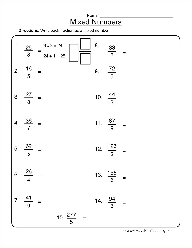 Mixed Number Calculations Worksheet