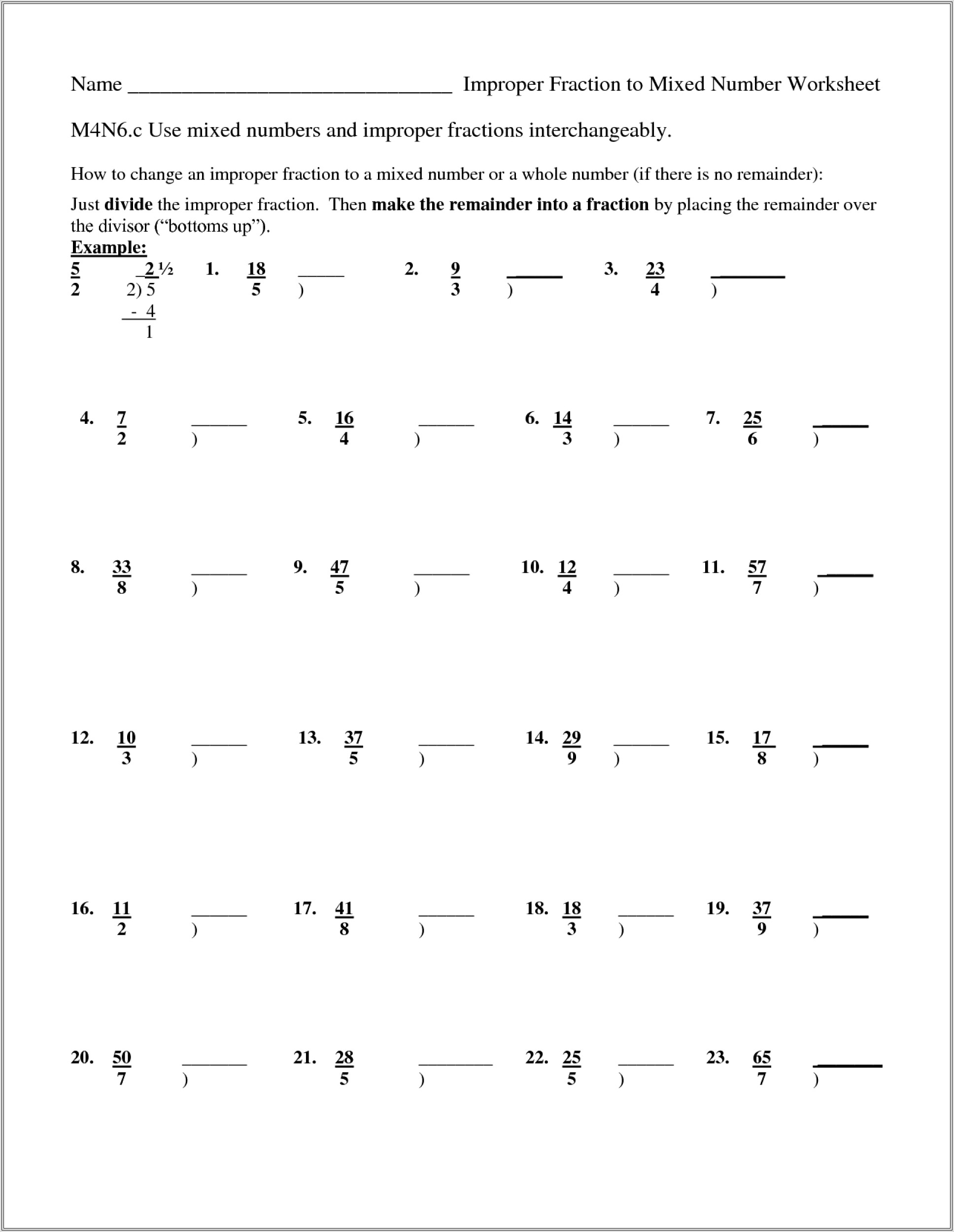 Mixed Numbers Improper Fractions Worksheet 4th Grade