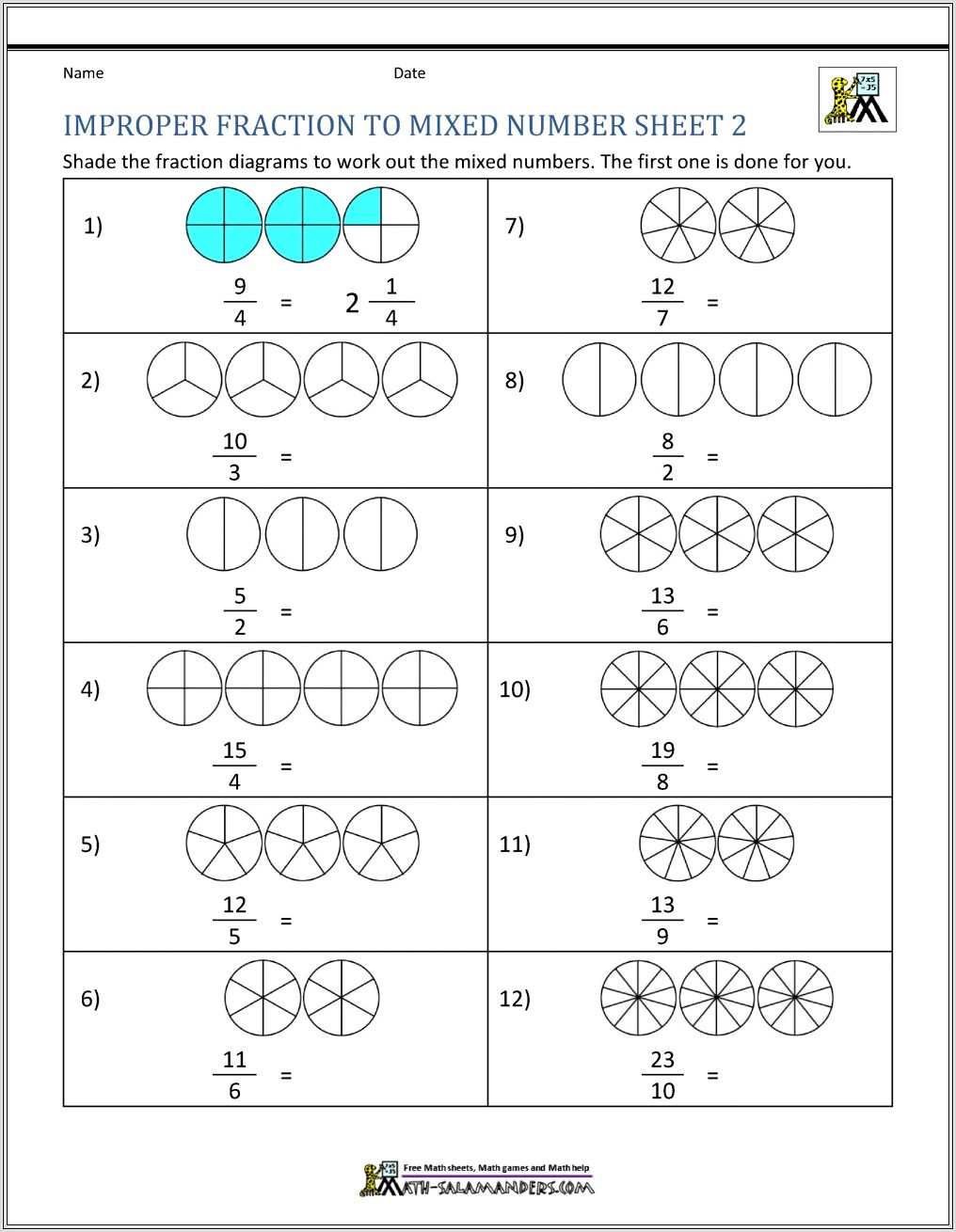 Mixed Numbers Using Shapes Worksheet