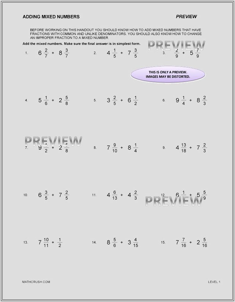 Mixed Numbers With Like Denominators Worksheet