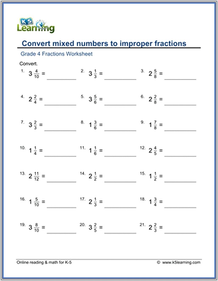 Mixed Numbers Worksheet Grade 4