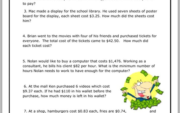 Money Math Word Problems Worksheets Free