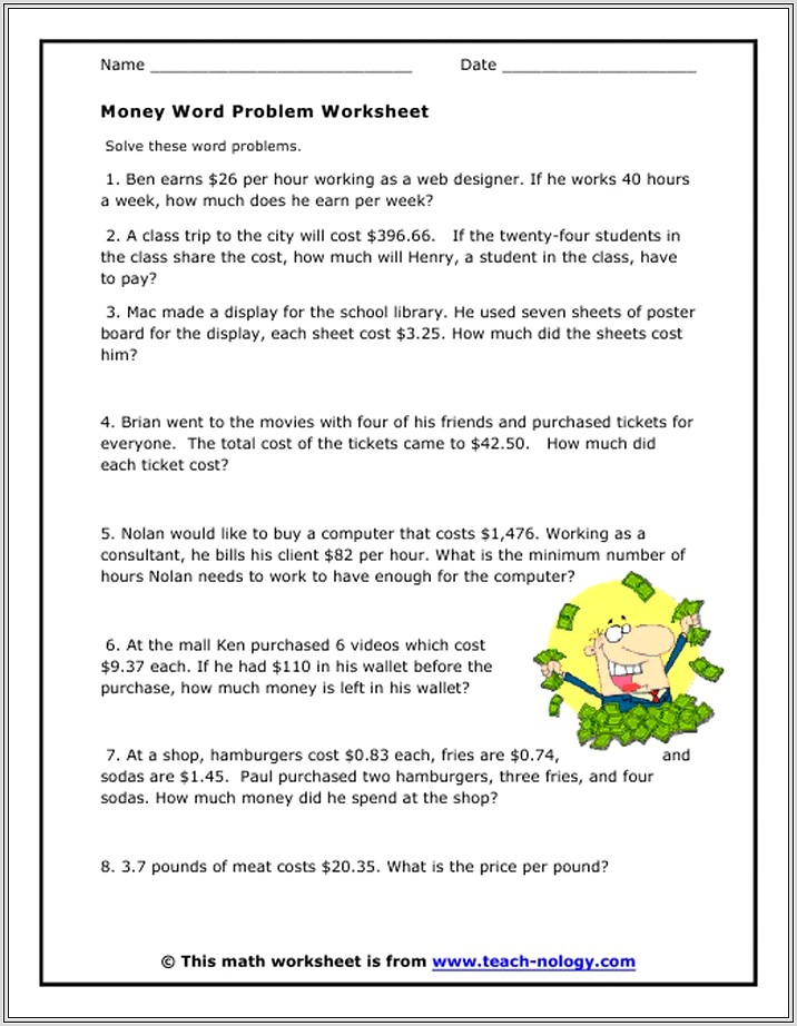 Money Math Word Problems Worksheets Free